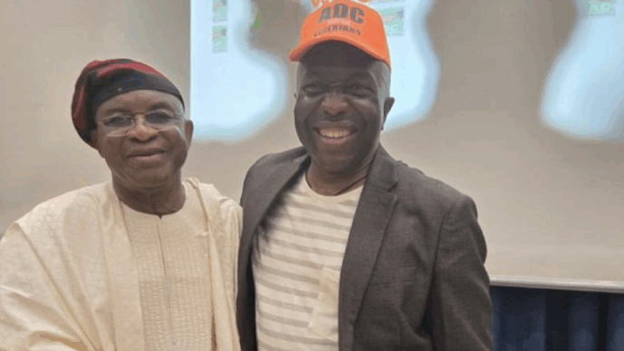 David Mark (L) with Ralph Nwosu of the African Democractic Congress (ADC)